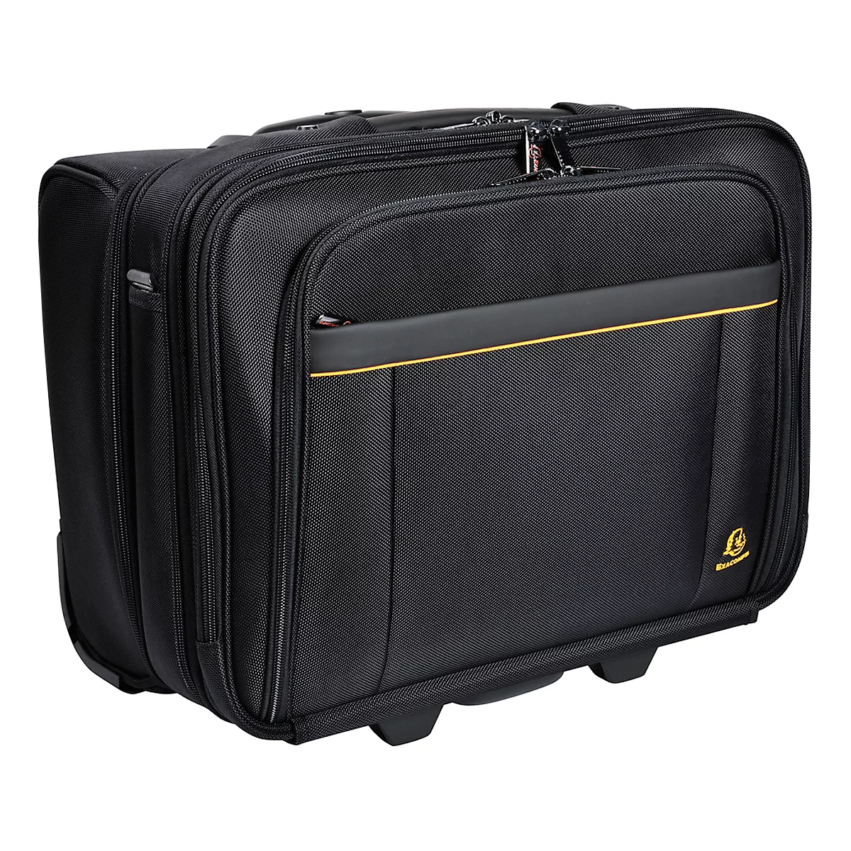 Black trolley suitcase with yellow accents. It has wheels, a handle and zippers.