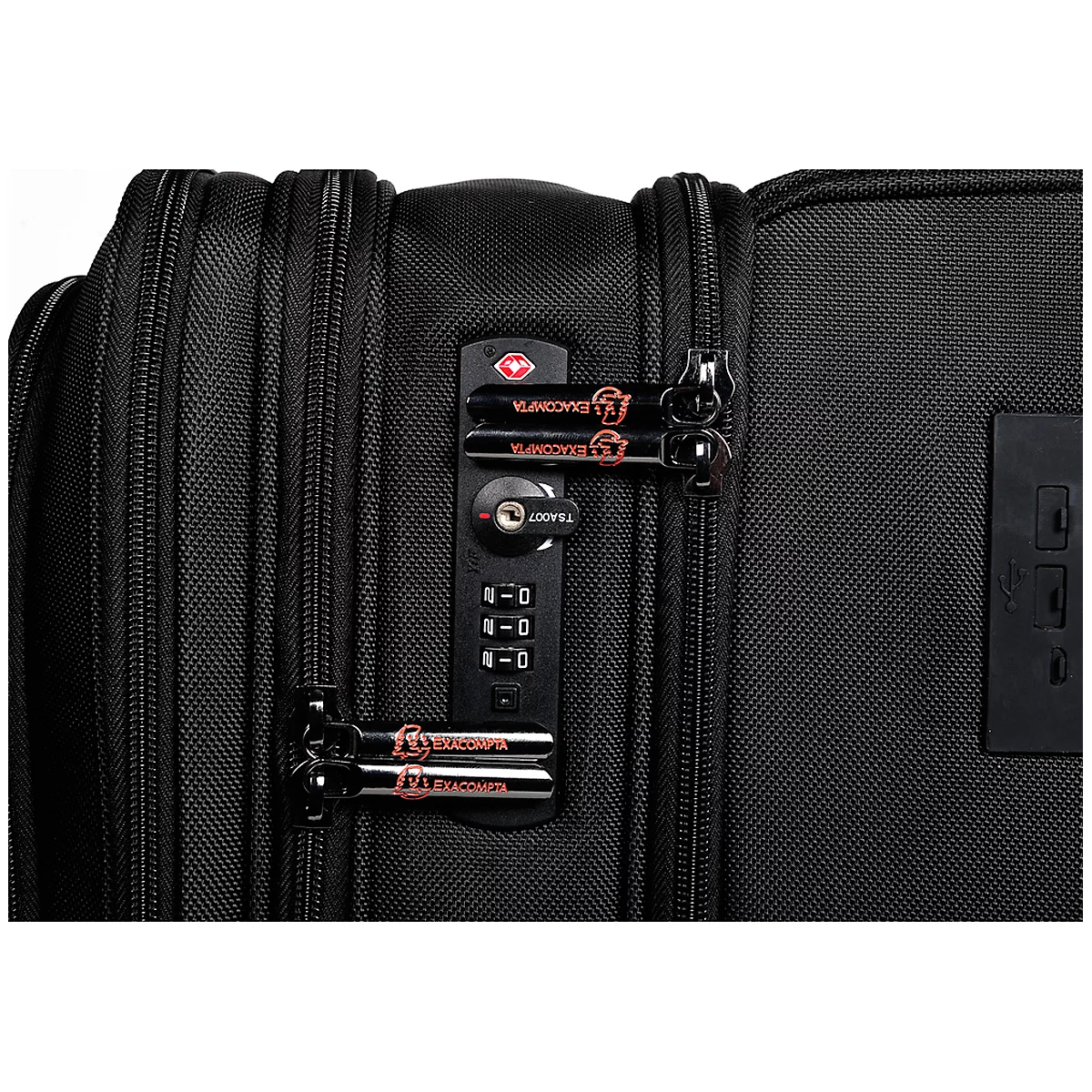 Close-up of a black suitcase featuring a combination lock. The TSA lock has red accents, and the numbers are set to 4-0-0.