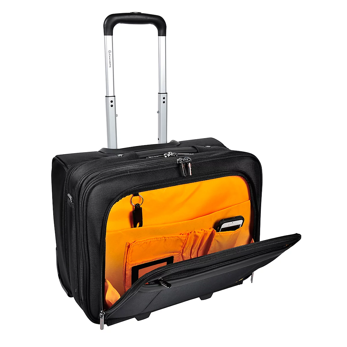 Black rolling suitcase with orange interior. Handle extended, zipper compartment open.