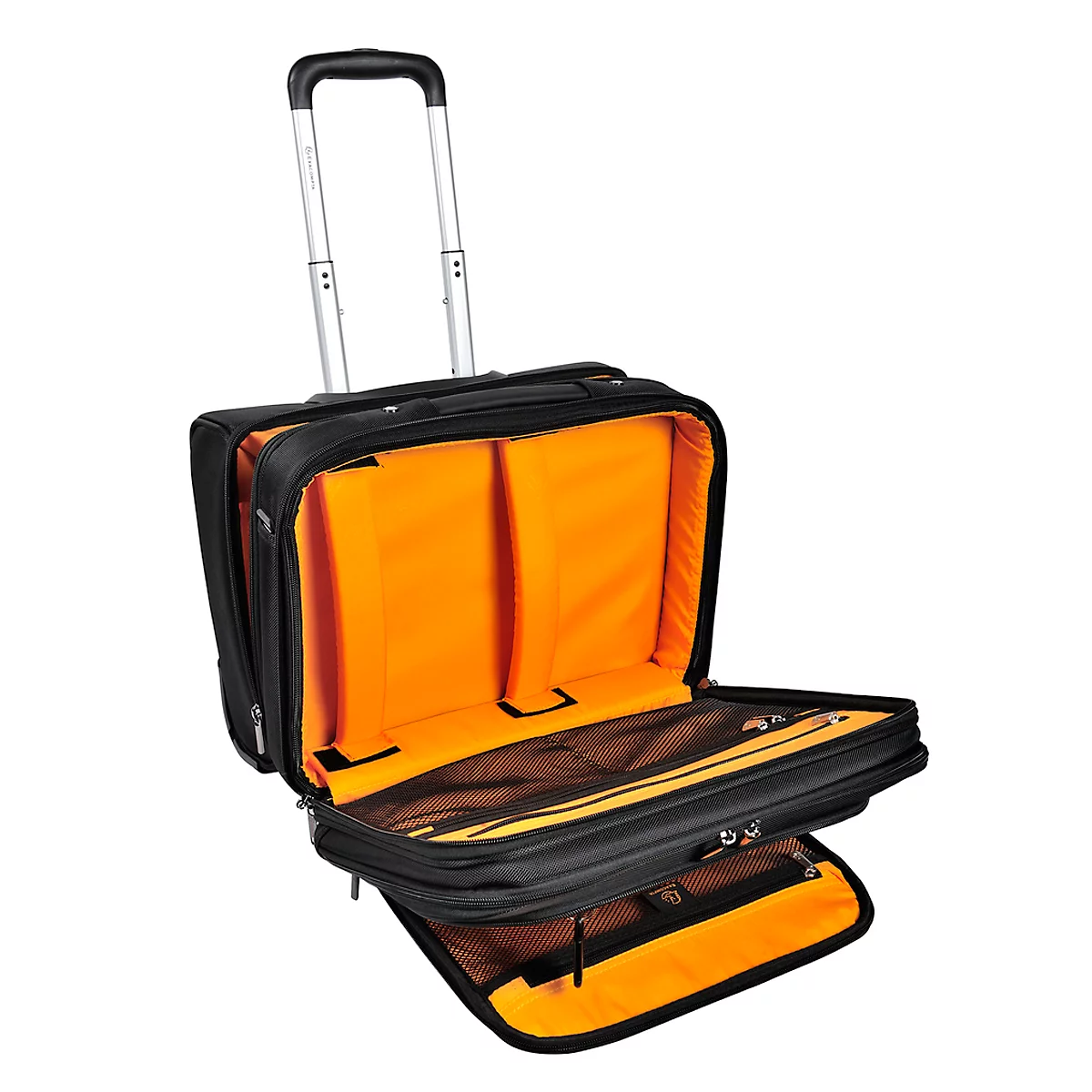 Black rolling suitcase, orange interior, with handle extended. The suitcase is open, showing interior compartments.