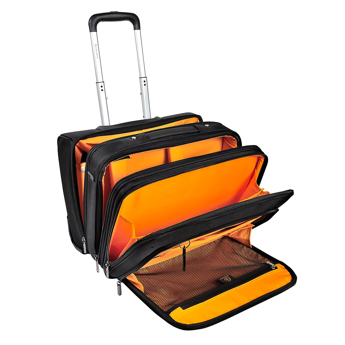 Black trolley suitcase with orange interior, shown open.