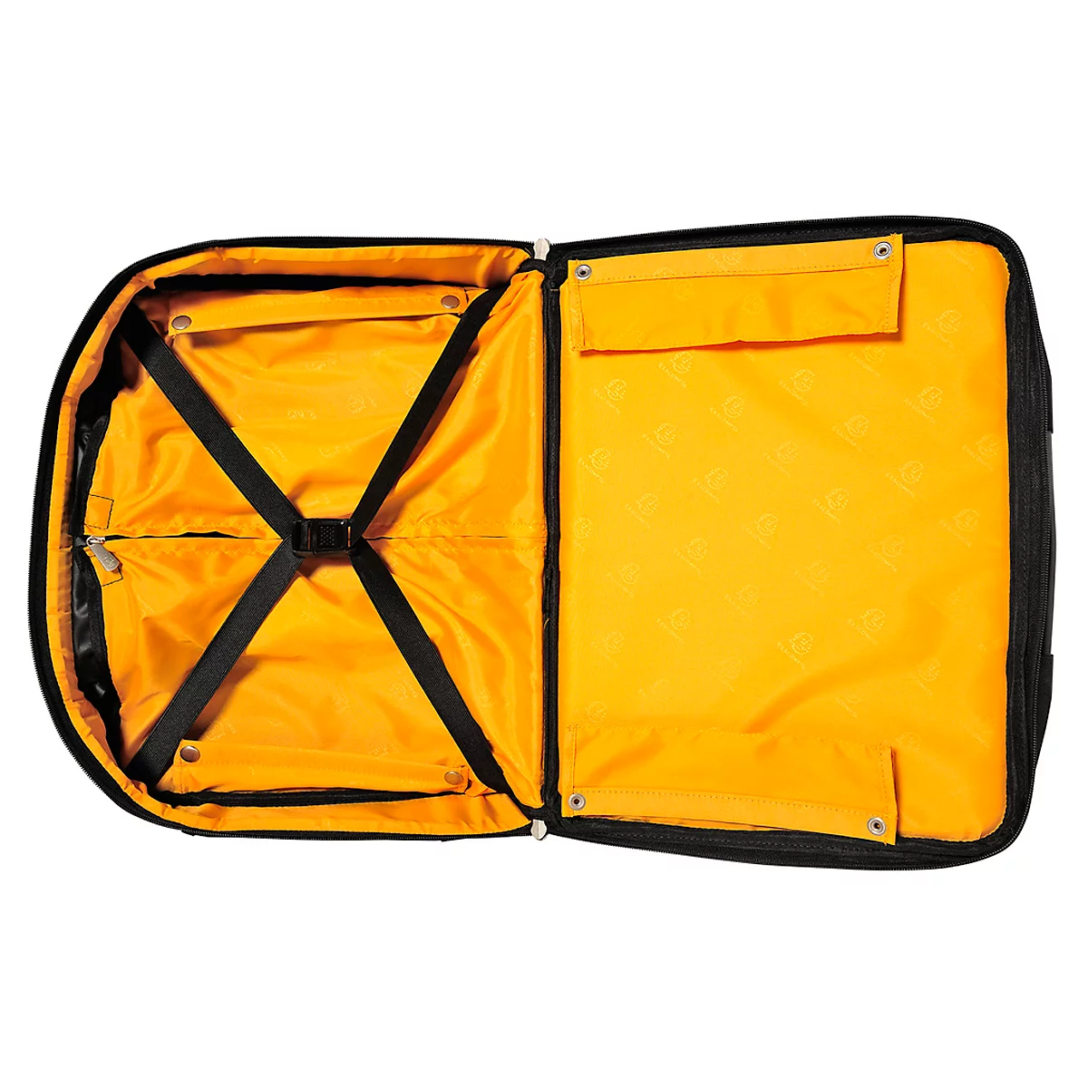 Open suitcase with yellow lining, black cross straps and small pockets.