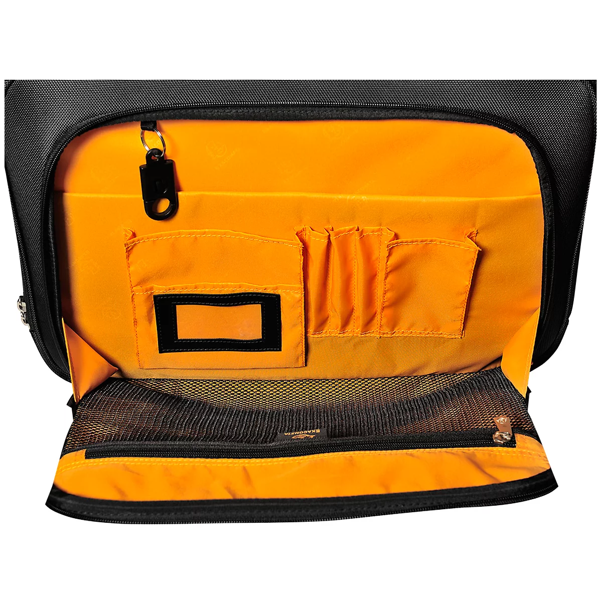 Close-up of the open interior of a black bag with orange interior pockets.