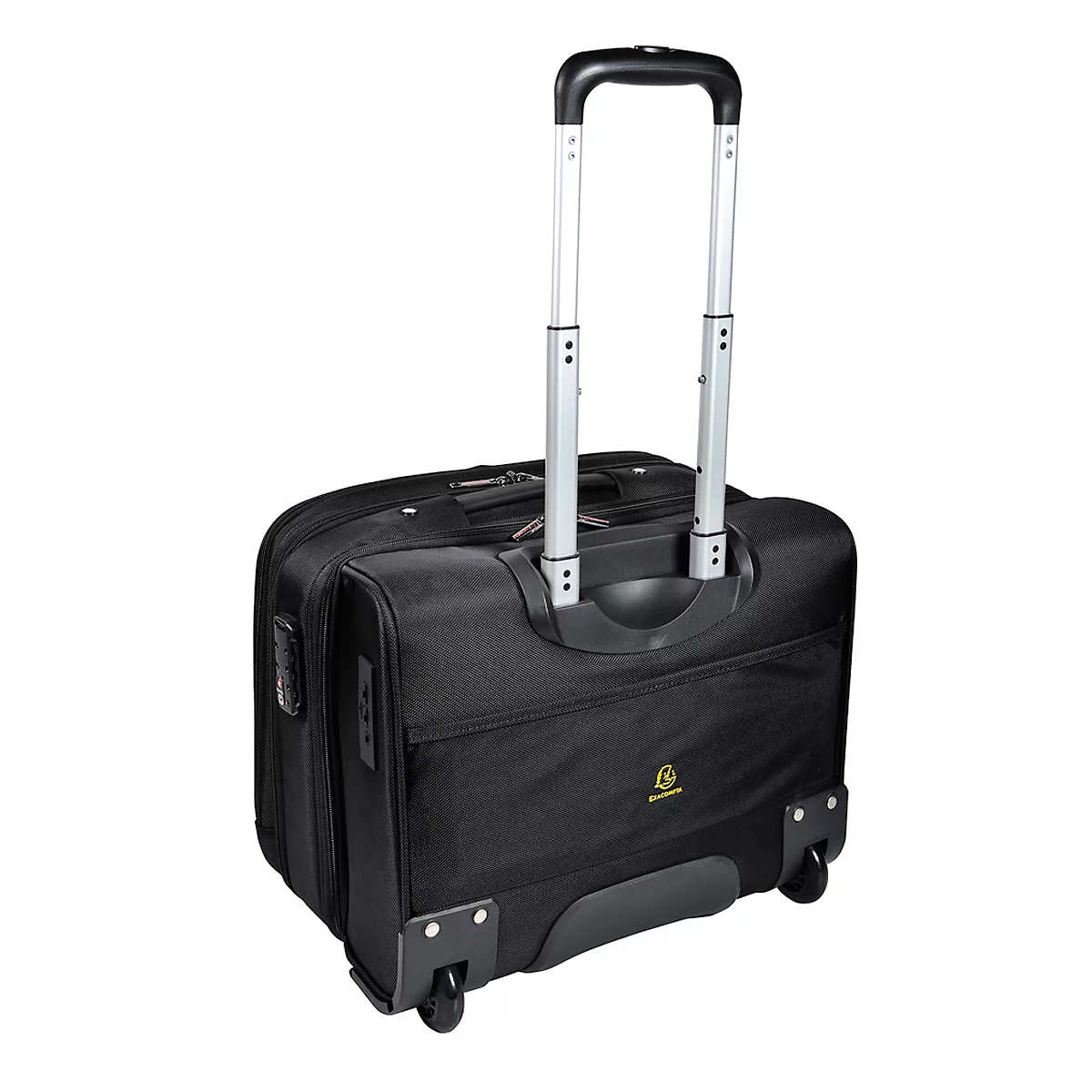Black rolling trolley with extendable handle and logo detail.