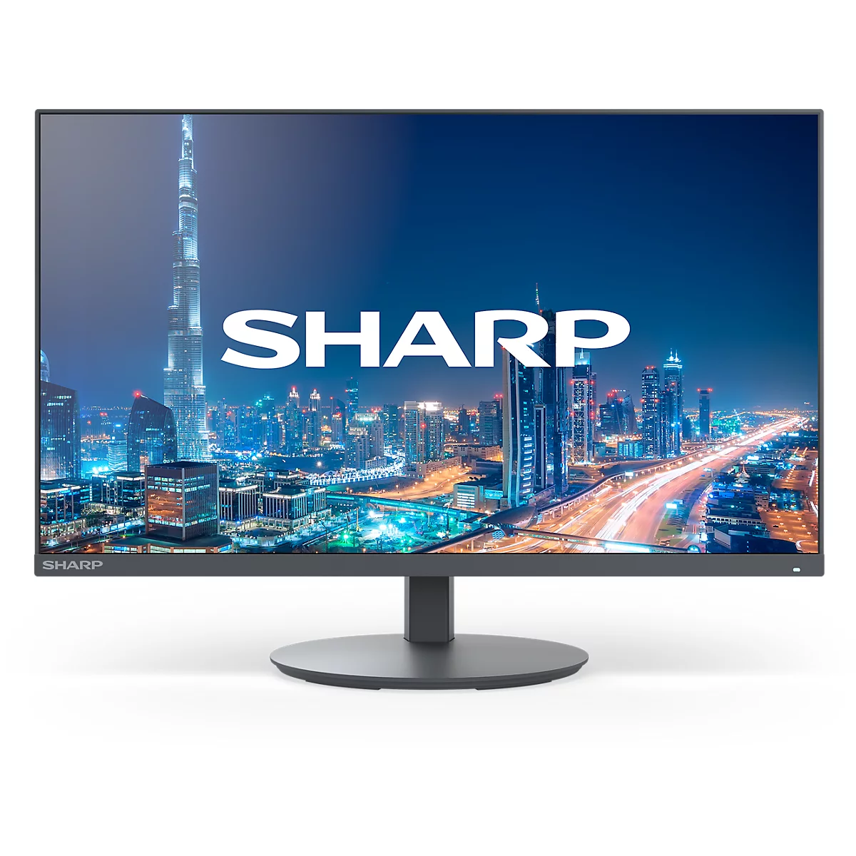 Flachbildschirm von Sharp mit Dubai-Skyline auf dem Bildschirm, schwarzer Rahmen und Standfuß.