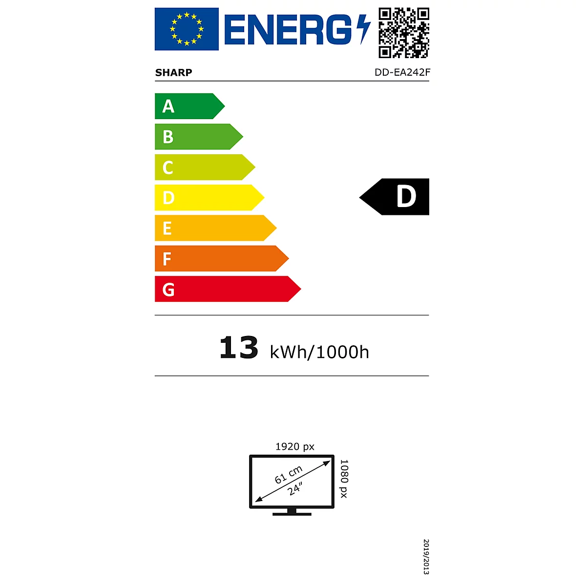 Energielabel eines Fernsehers mit den Buchstaben A-G, die Effizienzklasse D und die Angabe 13 kWh/1000h.