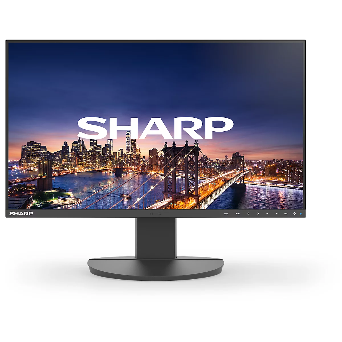 Ein schwarzer Sharp Monitor mit dem Schriftzug „SHARP“ und einem nächtlichen Stadtpanorama auf dem Bildschirm.