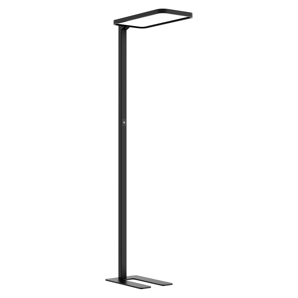 Black standing lamp with a square light head and a narrow base.