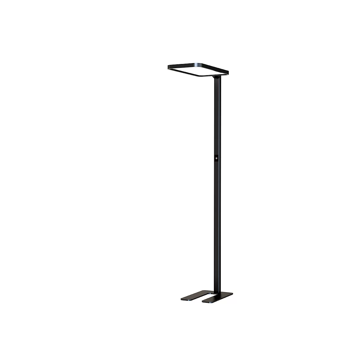 Black floor lamp with square head, long pillar, and rectangular base.