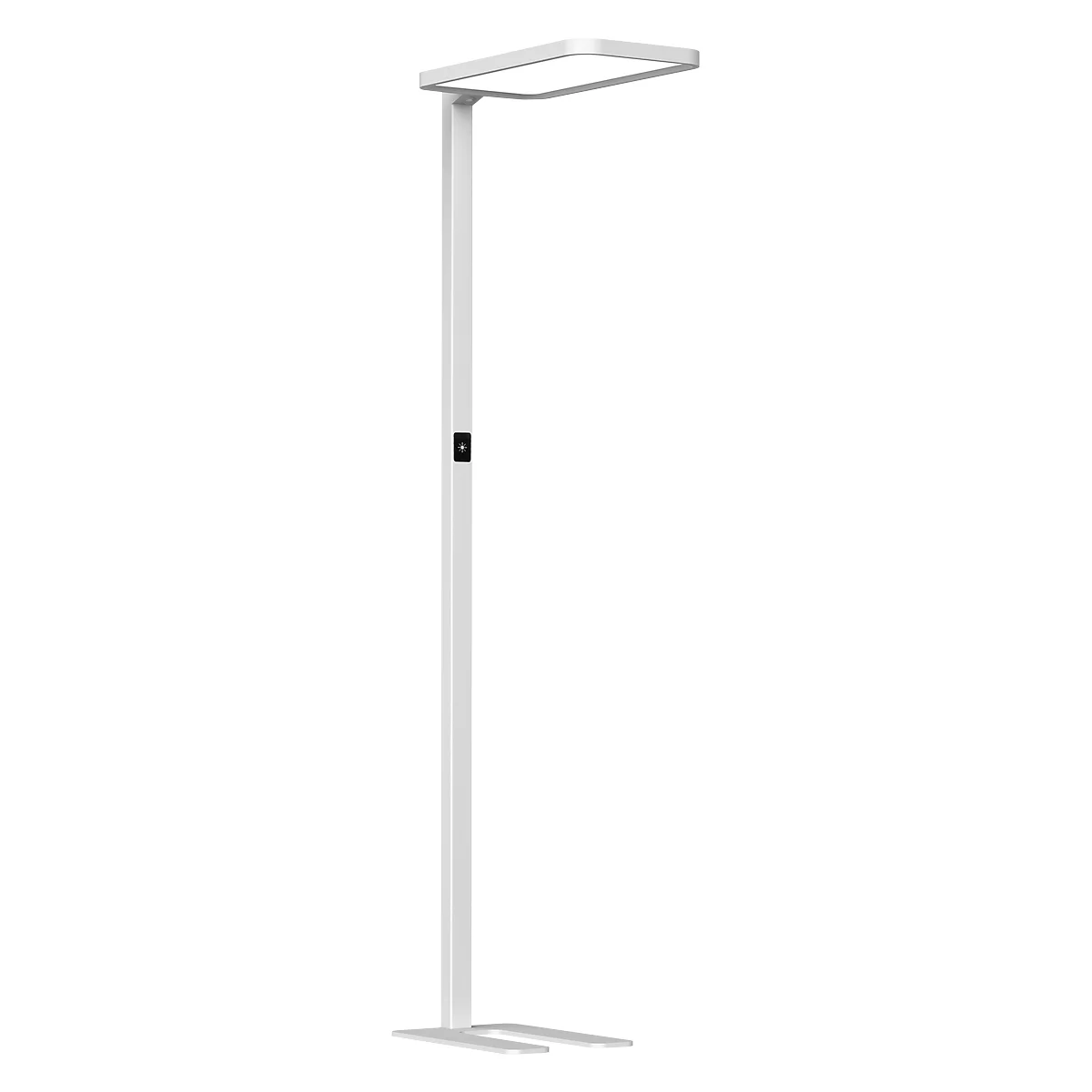A white floor lamp with a square lamp head. It stands on a small foot.