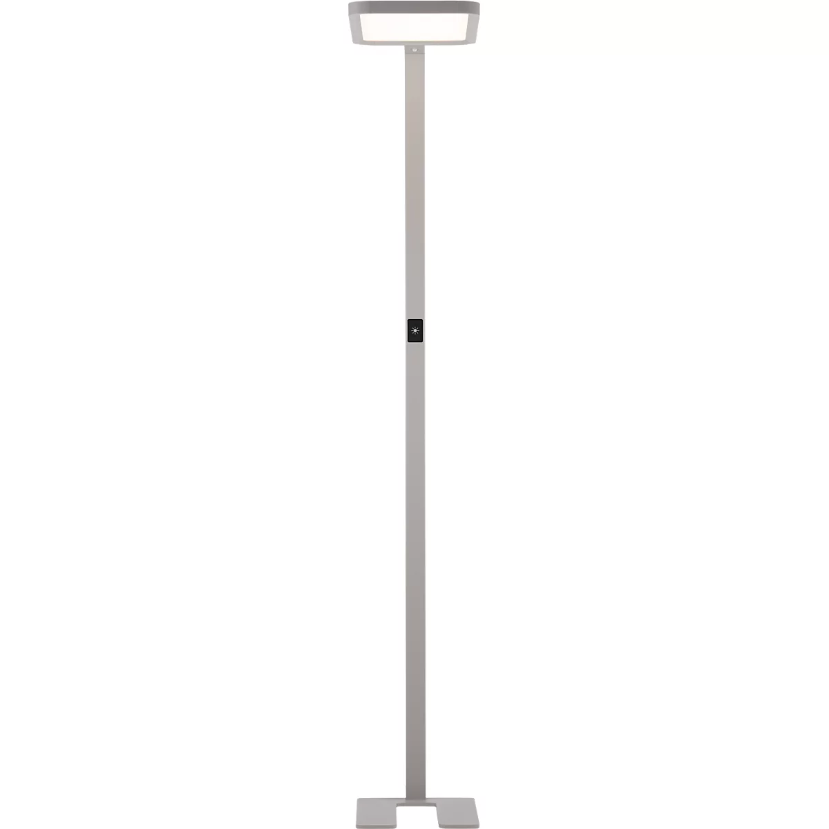Grey floor lamp, rectangular head, narrow stem, square base. On/off switch on the stem.