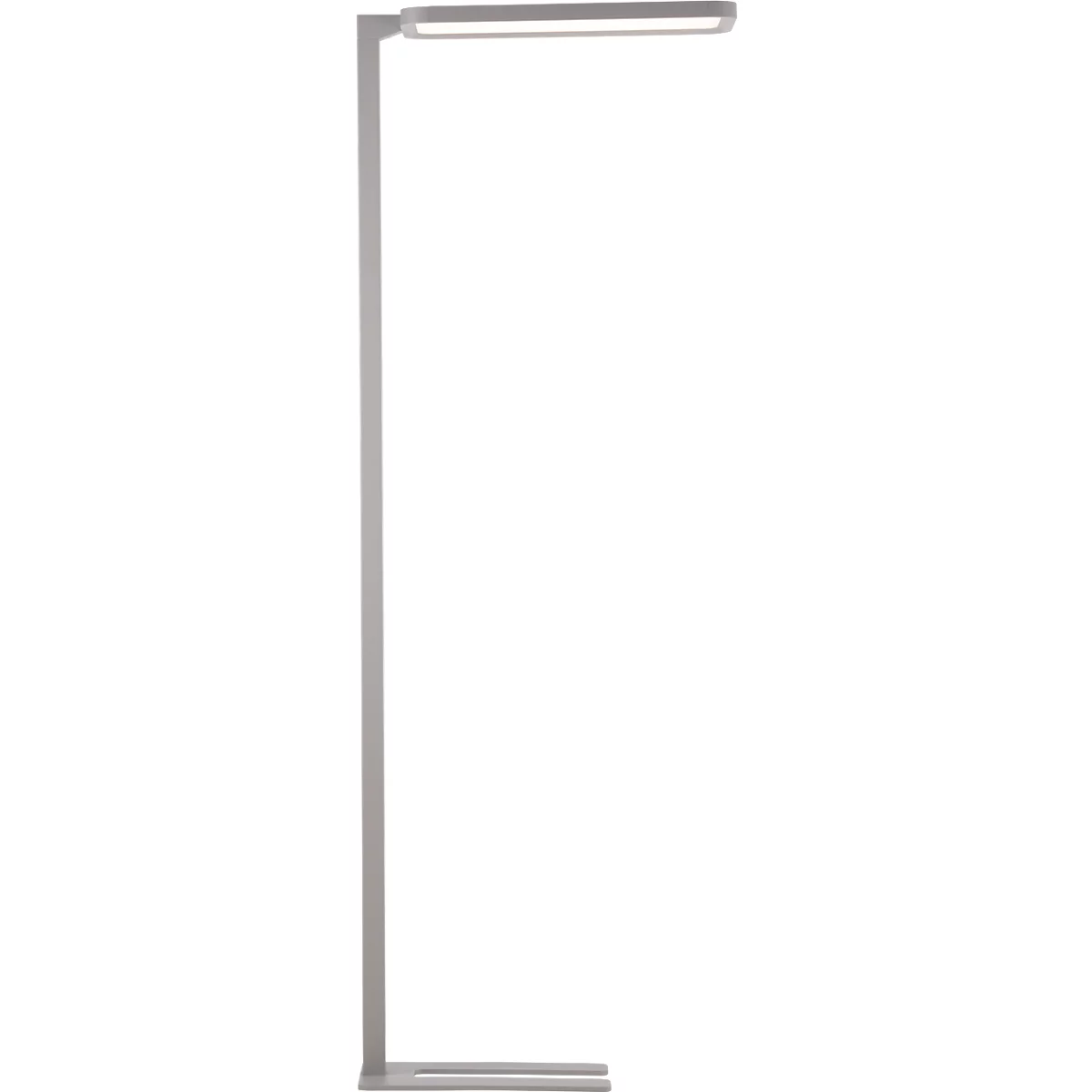 Metal floor lamp with a rectangular light head. The long, slender shaft stands on a rectangular base.