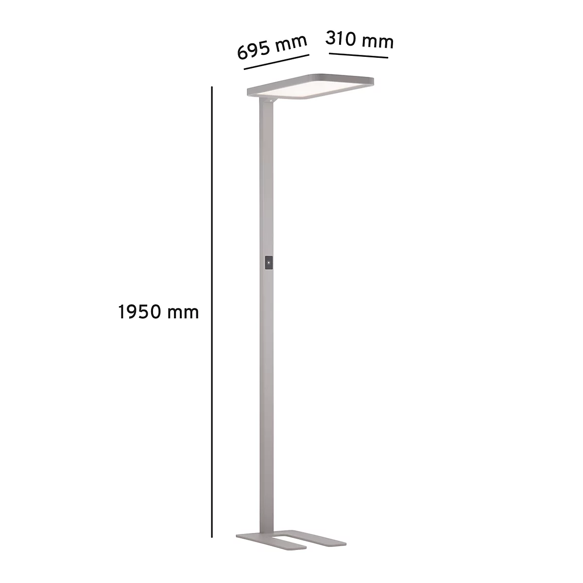 Standing lamp with rectangular light head and stem. Dimensions are indicated.