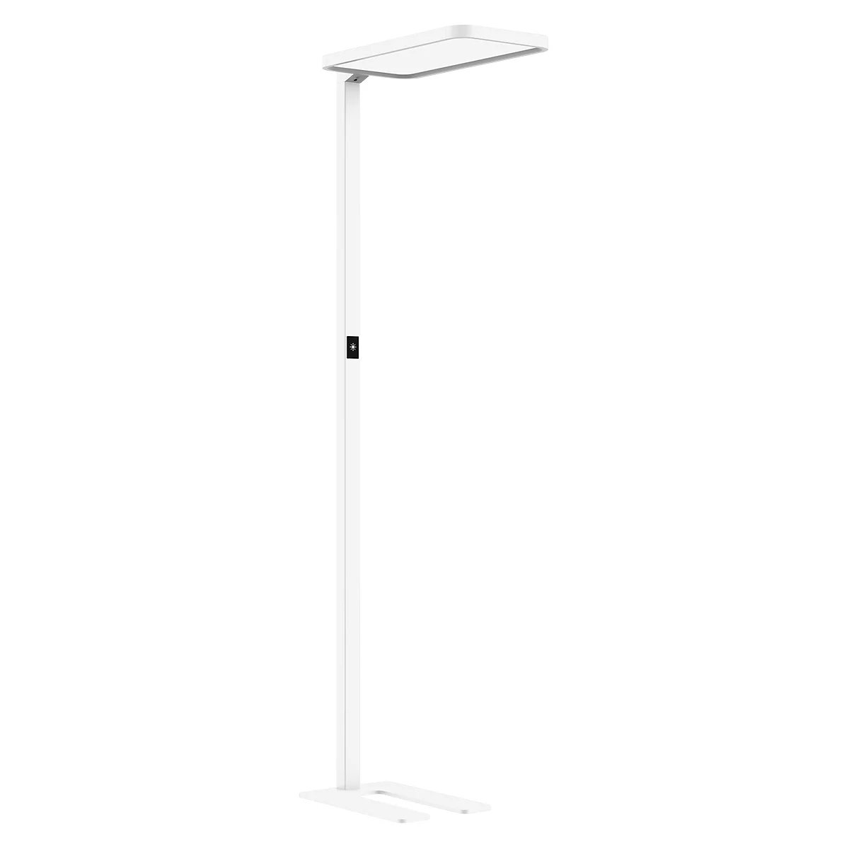 A white floor lamp with a rectangular light head. There is a small switch on the slender stem.