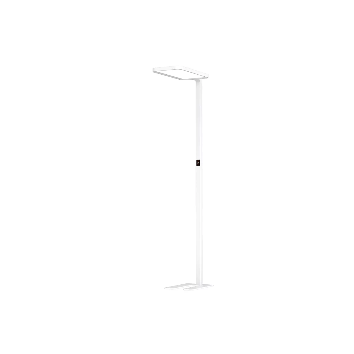 A sleek white floor lamp with a rectangular light head hovering above a slender, tall stem. There is a red switch on the stem.