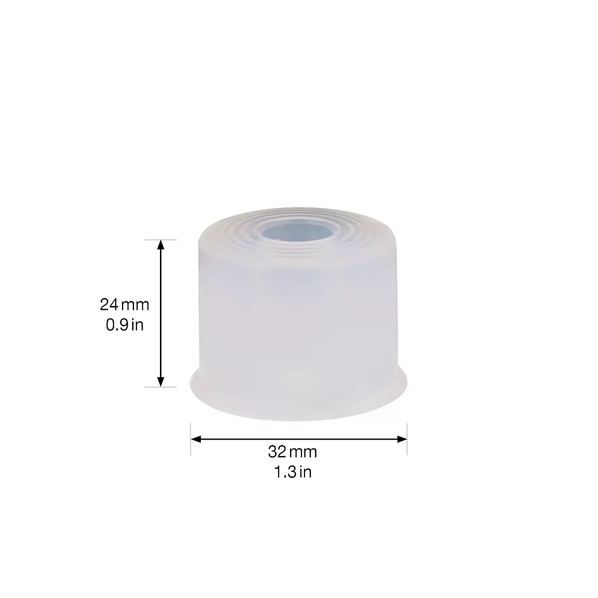 Pièce en plastique cylindrique et transparente avec dimensions : 24 mm de haut, 32 mm de large.
