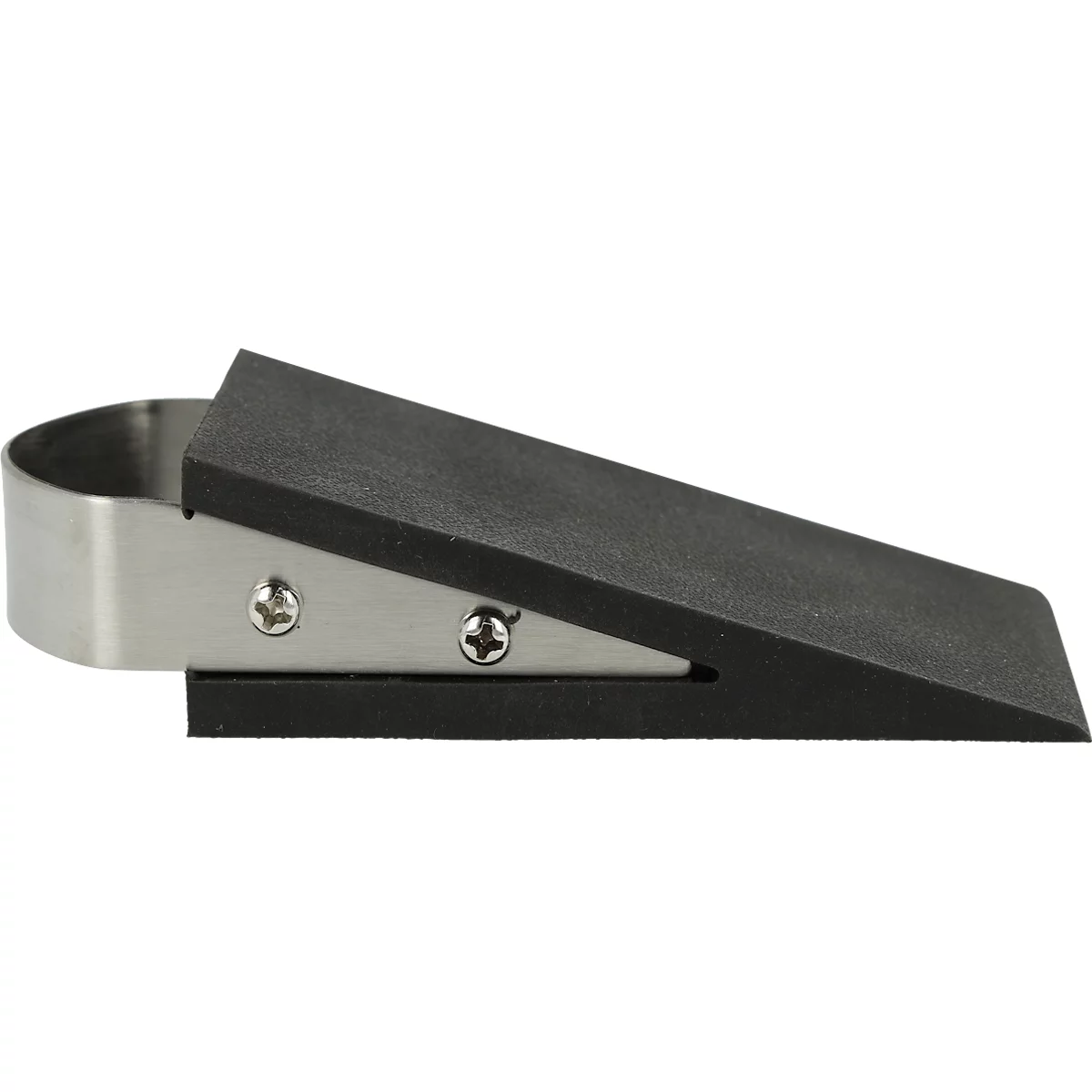 Butoir de porte, en forme de coin, antidérapant, avec poignée, L 120 x l 50 x H 30 mm, inox &amp; plastique, noir-argenté