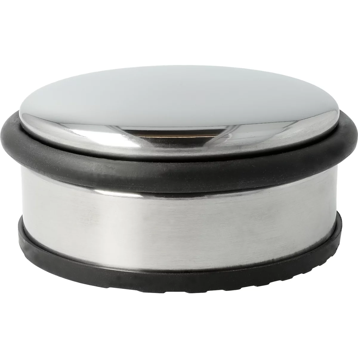 Butée de porte ronde en métal avec finition chromée et anneau en caoutchouc noir.