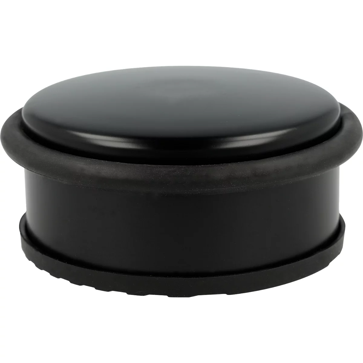 Un butoir de porte noir, cylindrique avec garniture en caoutchouc.