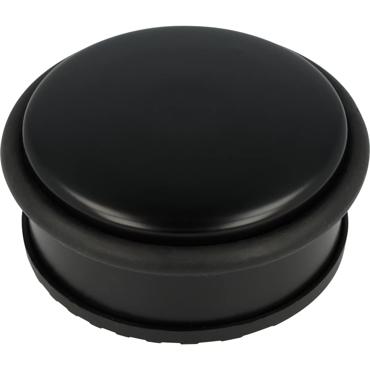 Butoir de porte noir en plastique et caoutchouc. Forme ronde, avec une surface lisse.
