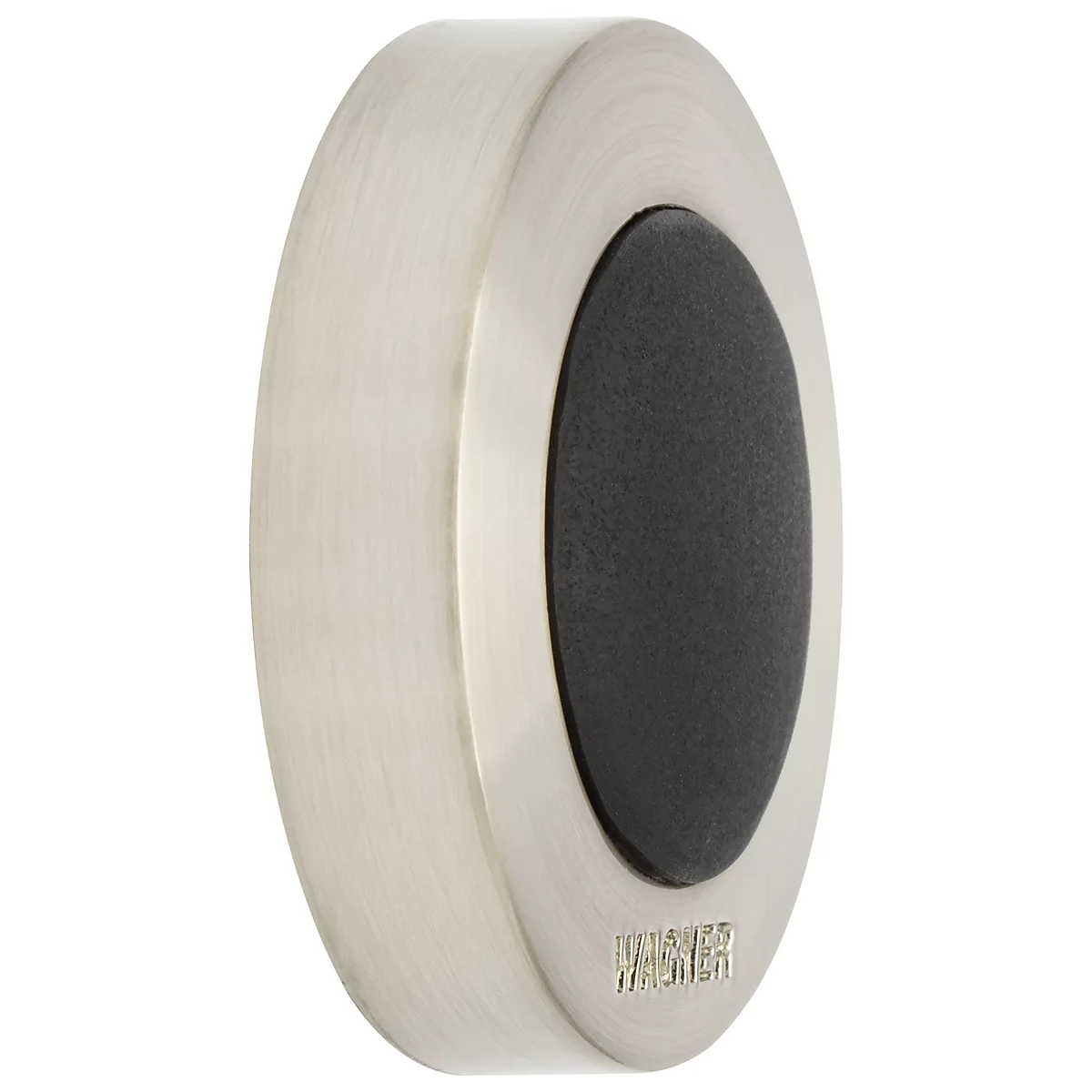 Butoir de porte rond et argenté avec insert ovale noir. 'Wagner' est écrit en bas.