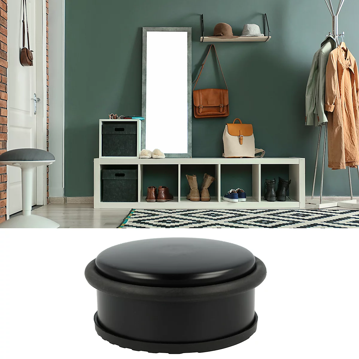 Butoir de porte, rond, avec anneau en caoutchouc protégeant la porte, antidérapant, Ø 100 x H 40 mm, inox noir 