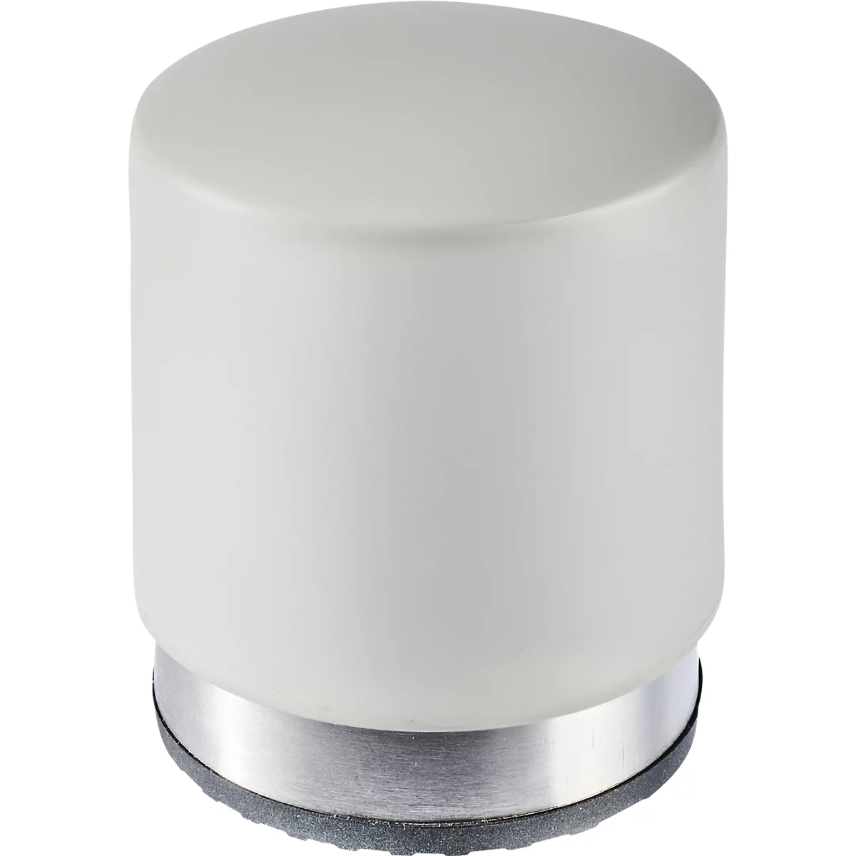 Objet cylindrique, crème. Anneau argenté en bas et base noire.