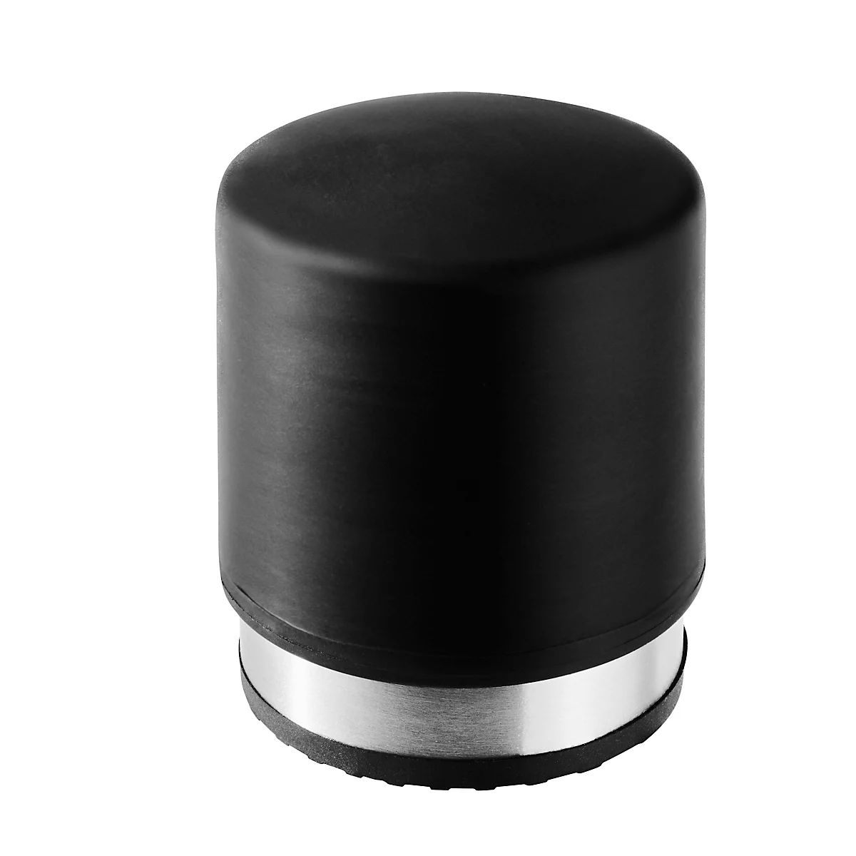 Objet cylindrique noir avec un manchon argenté, arrondi.