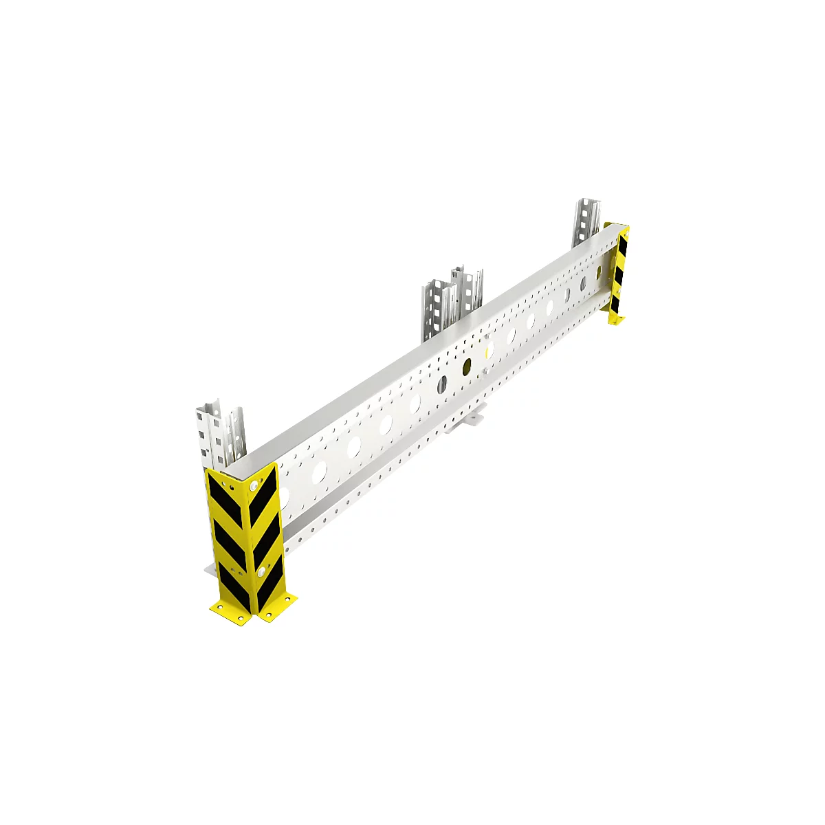 Poutre d'étagère en métal, avec marquages de protection d'angle jaune et noir.