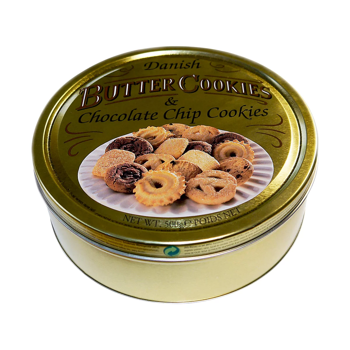 Round tin of butter cookies. Inscription: "Danish Butter Cookies & Chocolate Chip Cookies".