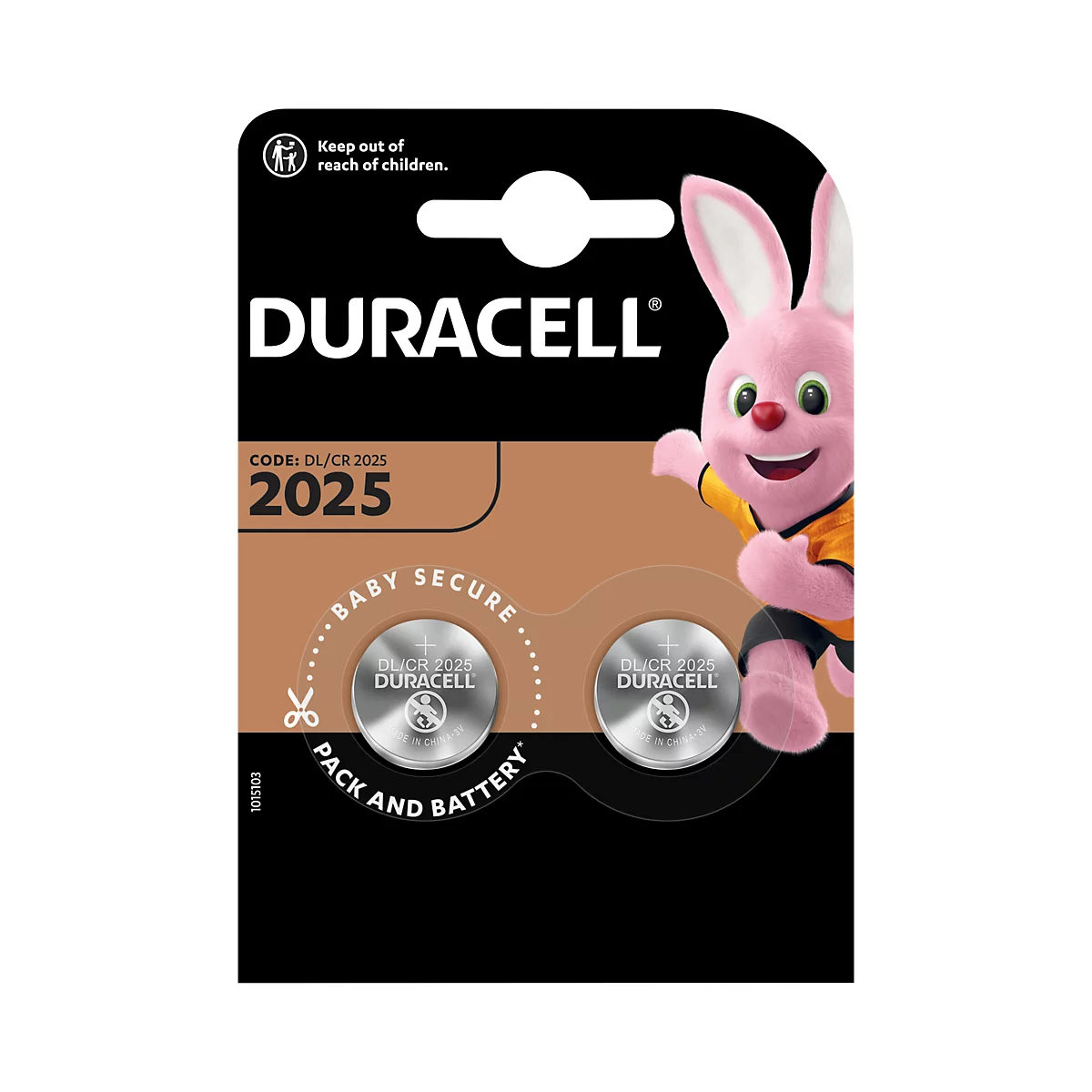 Duracell button cell packaging, next to it the Duracell bunny. Inscription: Baby Secure. Contains two batteries.