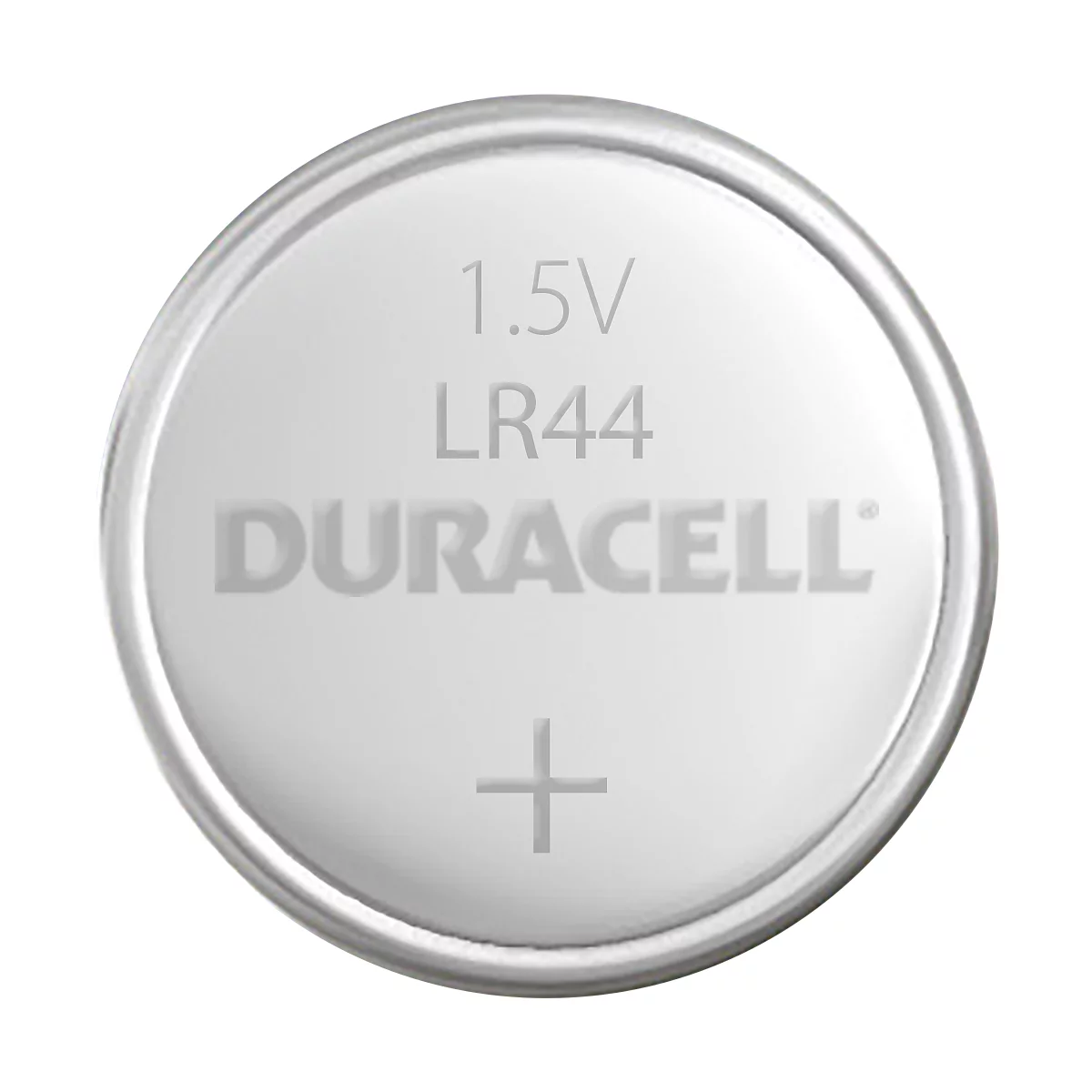 Duracell LR44 button cell, silver rim, grey surface with inscription: 1.5V LR44, DURACELL, plus sign.