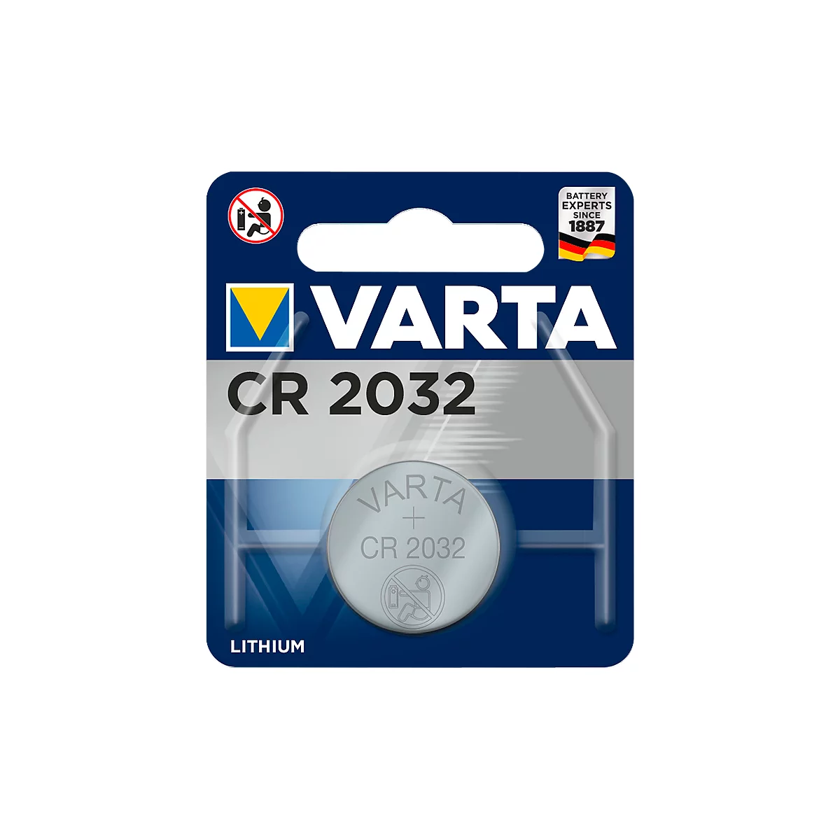 Blister pack of a CR 2032 button cell from the brand Varta, with the note on lithium.