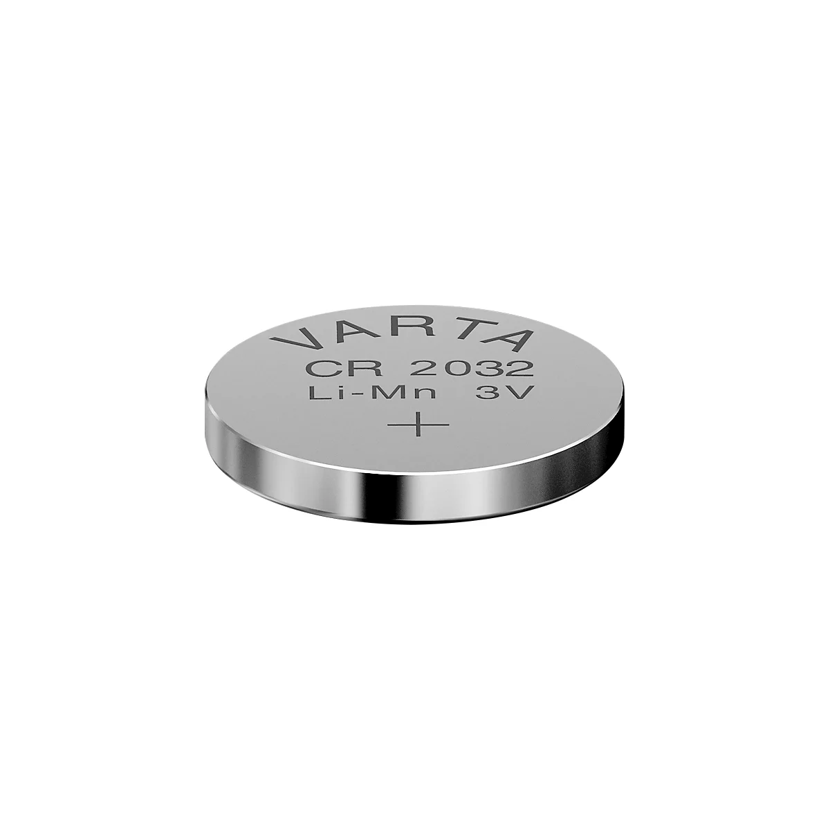 Button cell battery from VARTA. Inscription: CR 2032, Li-Mn, 3V and the plus sign.