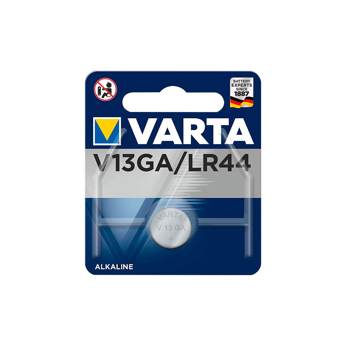 Button cell blister pack, VARTA V13GA/LR44. Blue and white design with VARTA logo and product name.