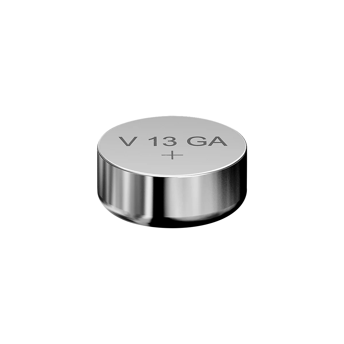 Round, silver button cell battery with "V 13 GA" and a plus sign.