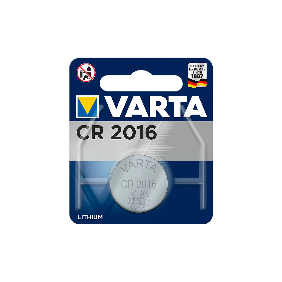Varta CR 2016 lithium button cell, packaged on blue background. Logo, warnings and product designation.