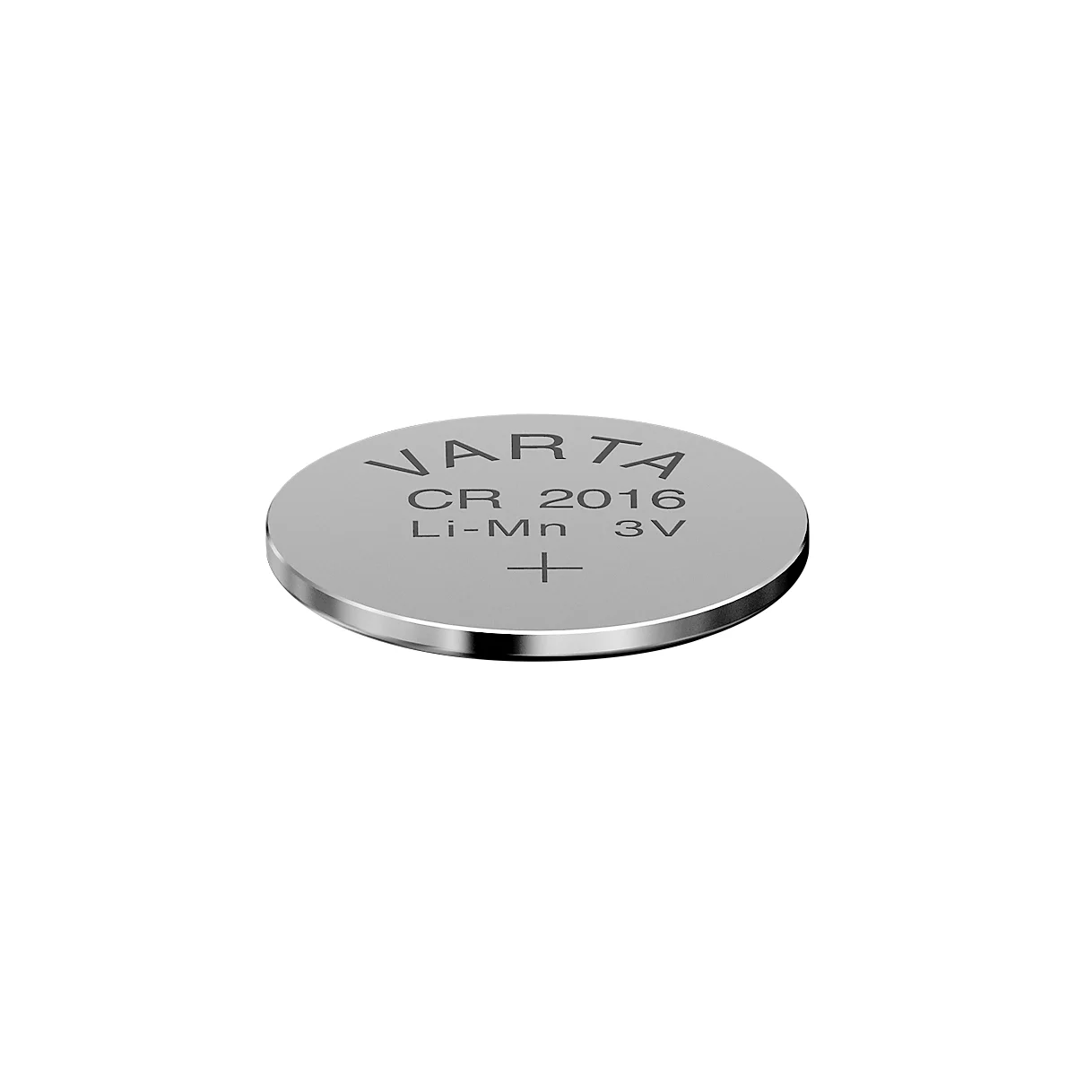 Button cell battery with "VARTA" logo, CR 2016, Li-Mn, 3V, and a plus sign. Silver edge, light surface.