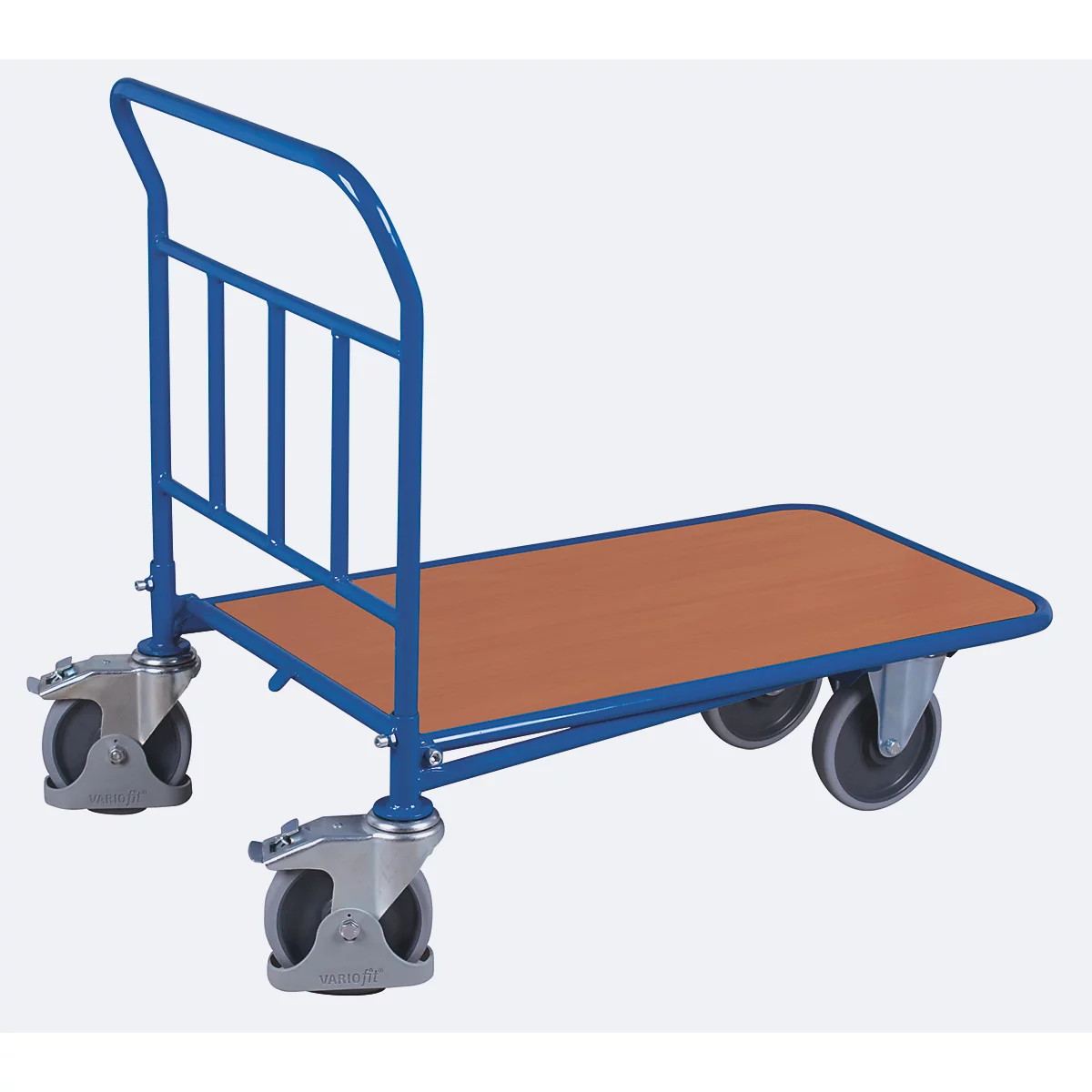 C+C-Wagen, staal/MDF-plaat, decor gentiaanblauw/beuken, L 1030 x B 700 mm, met langsbeugels, TPE-wielen met vastzetrem, tot 500 kg