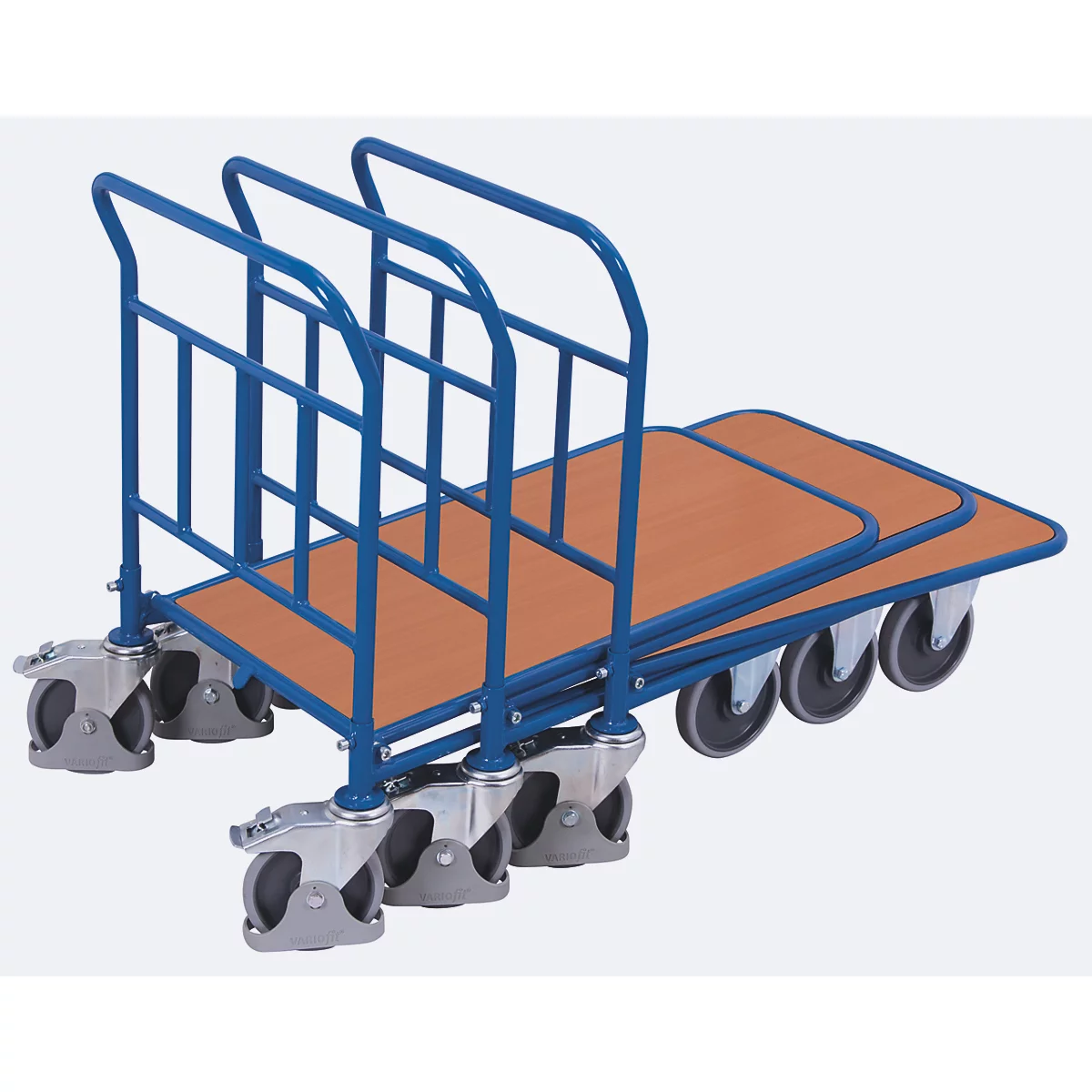 C+C-Wagen, staal/MDF-plaat, decor gentiaanblauw/beuken, L 1030 x B 700 mm, met langsbeugels, TPE-wielen met vastzetrem, tot 500 kg