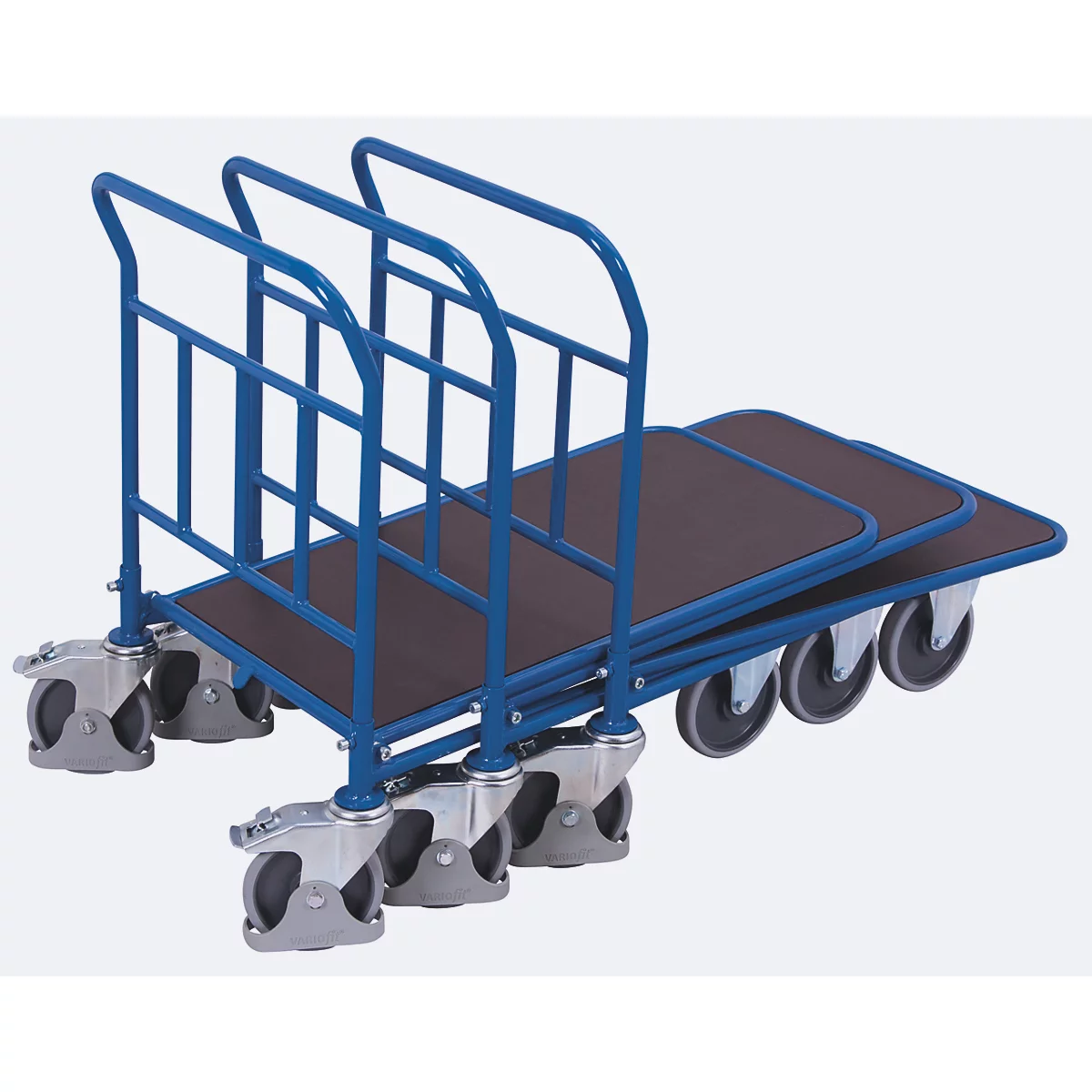 C+C-Wagen, staal/zeefdrukplaat, gentiaanblauw/donkerbruin, L 1030 x B 600 mm, met langsbeugels, TPE-wielen met vastzetrem, tot 500 kg