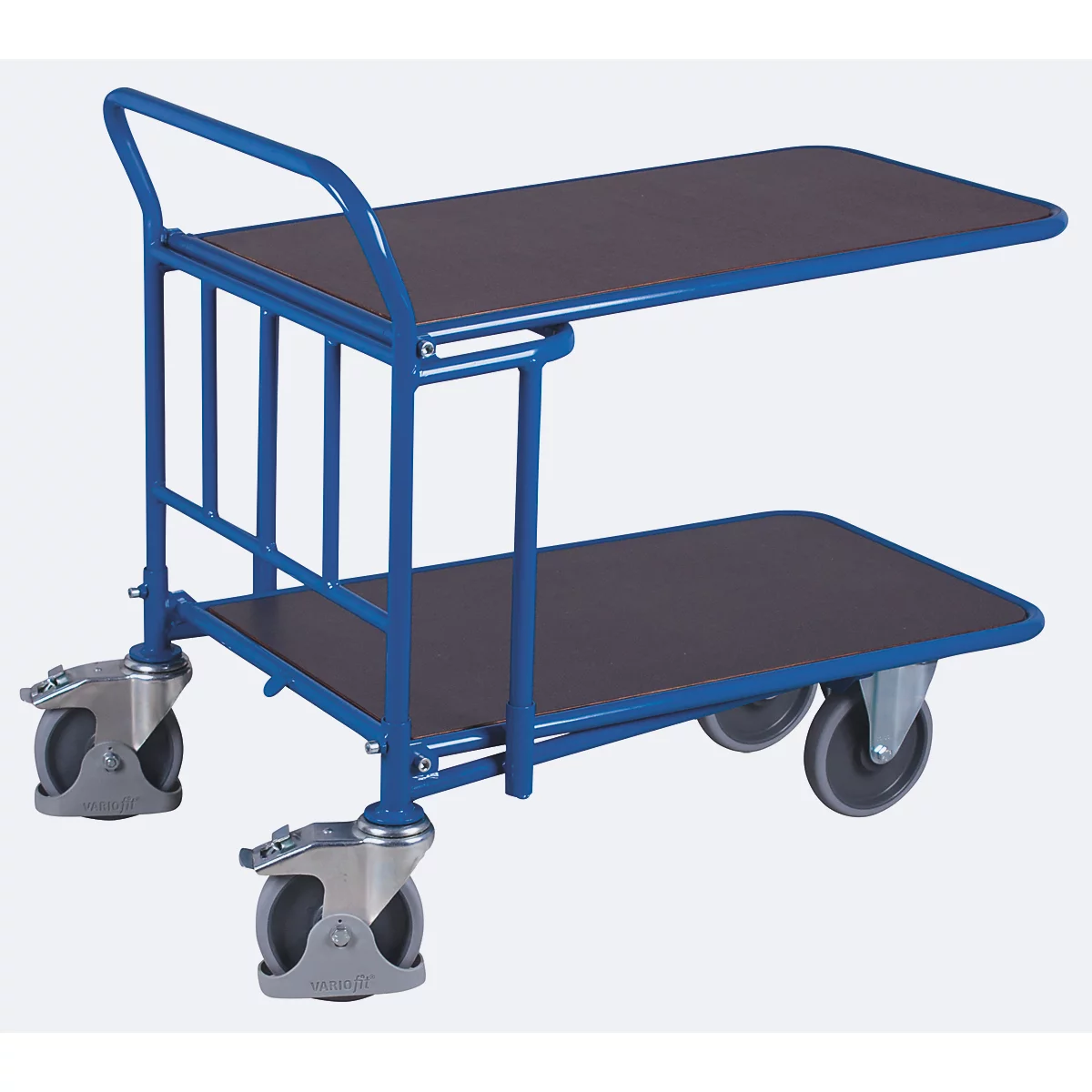 C+C Wagen, Stahl/Siebdruckplatte, Enzianblau/Dunkelbraun, 2 Etagen, L 1030 x B 600 mm, mit Längsstreben, TPE-Rollen mit Feststellbremse, bis 500 kg