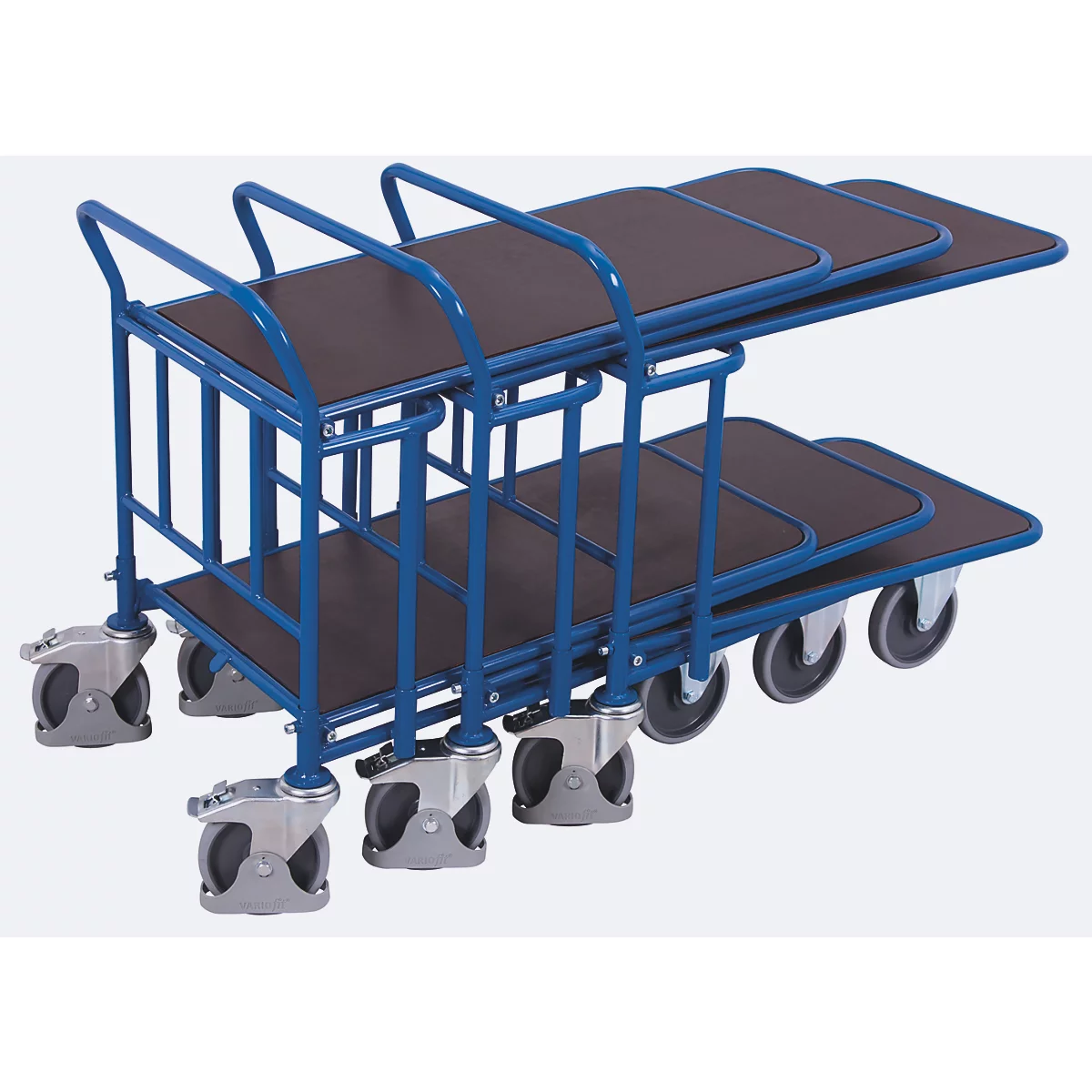 C+C Wagen, Stahl/Siebdruckplatte, Enzianblau/Dunkelbraun, 2 Etagen, L 1030 x B 600 mm, mit Längsstreben, TPE-Rollen mit Feststellbremse, bis 500 kg