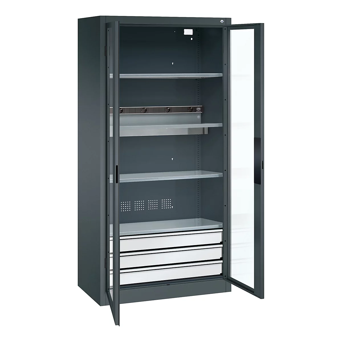 Grauer Schrank mit Glastür, geöffnet. Innen: Regale, Schubladen und Lochblech.