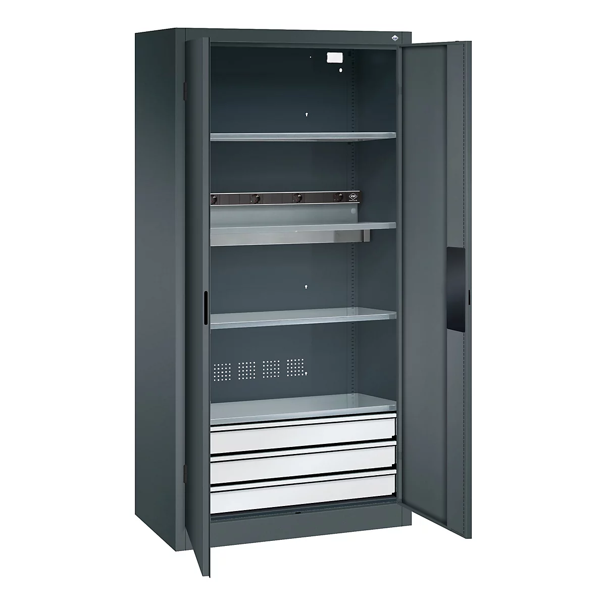 C+P Akkuladeschrank Acurado, abschließbar, mit Inneneinrichtung, B 930 x T 500 x H 1950 mm, Stahl, anthrazitgrau RAL 7016/anthrazitgrau RAL 7016