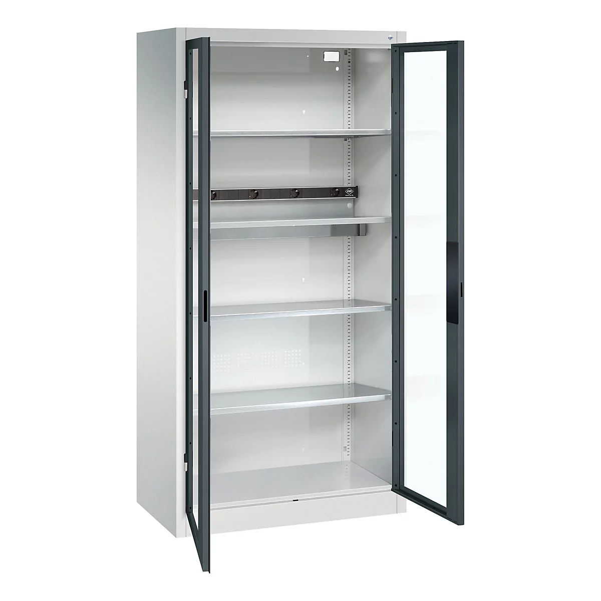 C+P Akkuladeschrank Acurado, abschließbar, mit Inneneinrichtung, B 930 x T 500 x H 1950 mm, Stahl, anthrazitgrau RAL 7016/lichtgrau RAL 7035