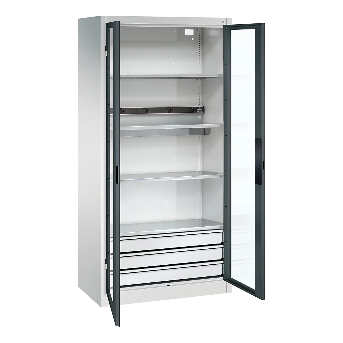 C+P Akkuladeschrank Acurado, abschließbar, mit Inneneinrichtung, B 930 x T 500 x H 1950 mm, Stahl, anthrazitgrau RAL 7016/lichtgrau RAL 7035