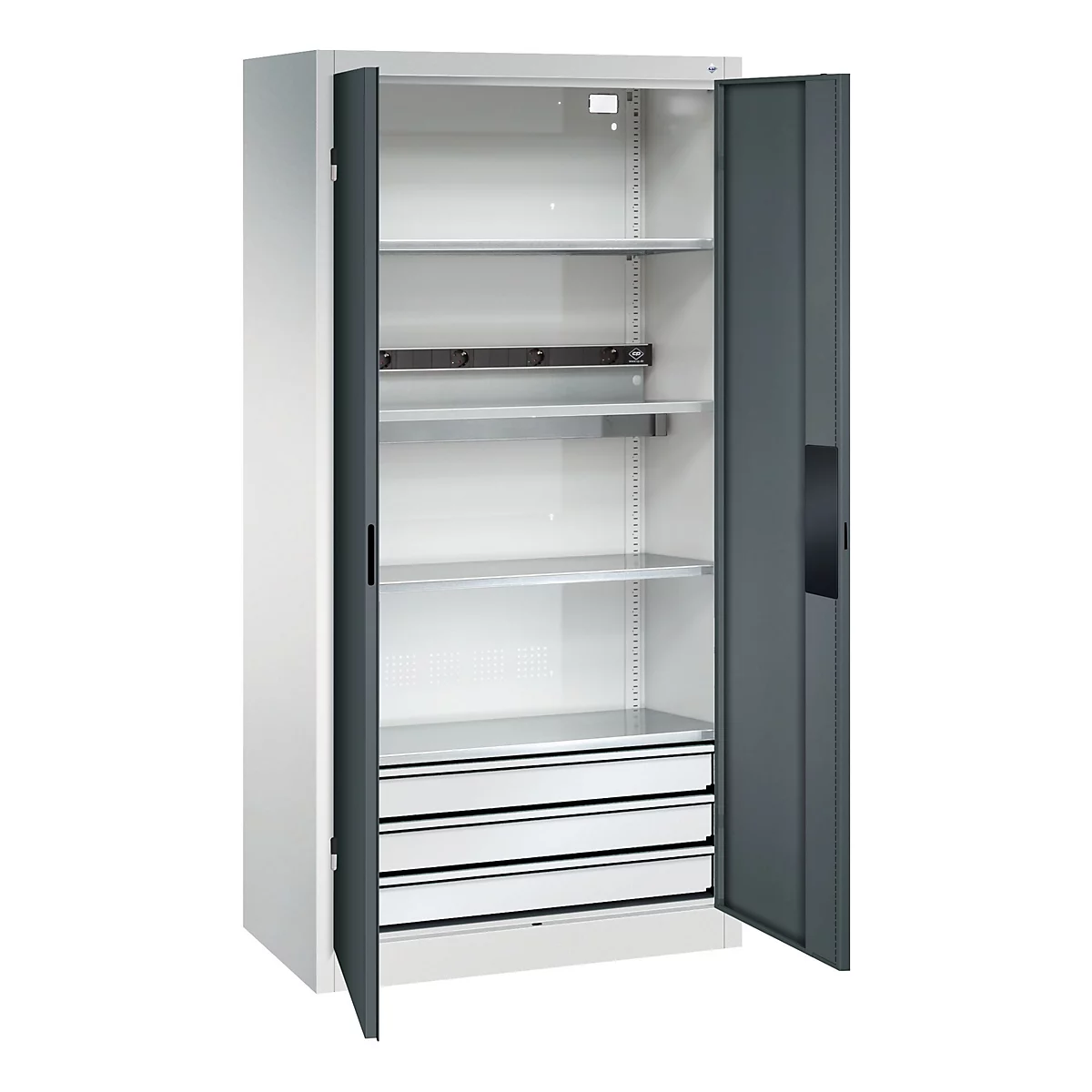 C+P Akkuladeschrank Acurado, abschließbar, mit Inneneinrichtung, B 930 x T 500 x H 1950 mm, Stahl, anthrazitgrau RAL 7016/lichtgrau RAL 7035
