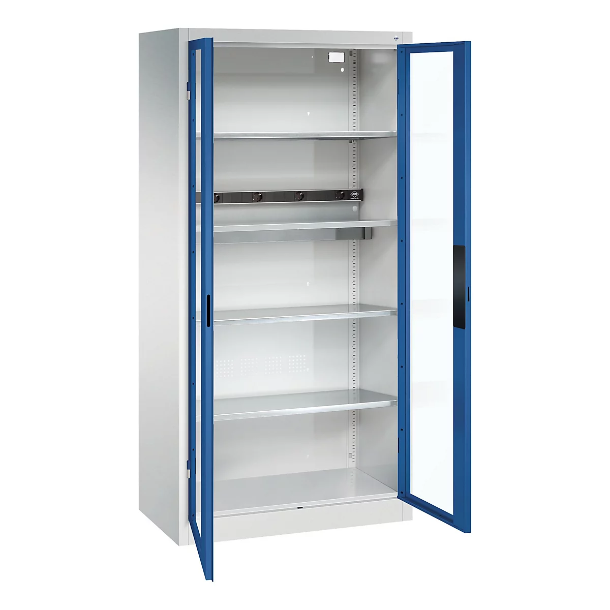 C+P Akkuladeschrank Acurado, abschließbar, mit Inneneinrichtung, B 930 x T 500 x H 1950 mm, Stahl, enzianblau RAL 5010/lichtgrau RAL 7035