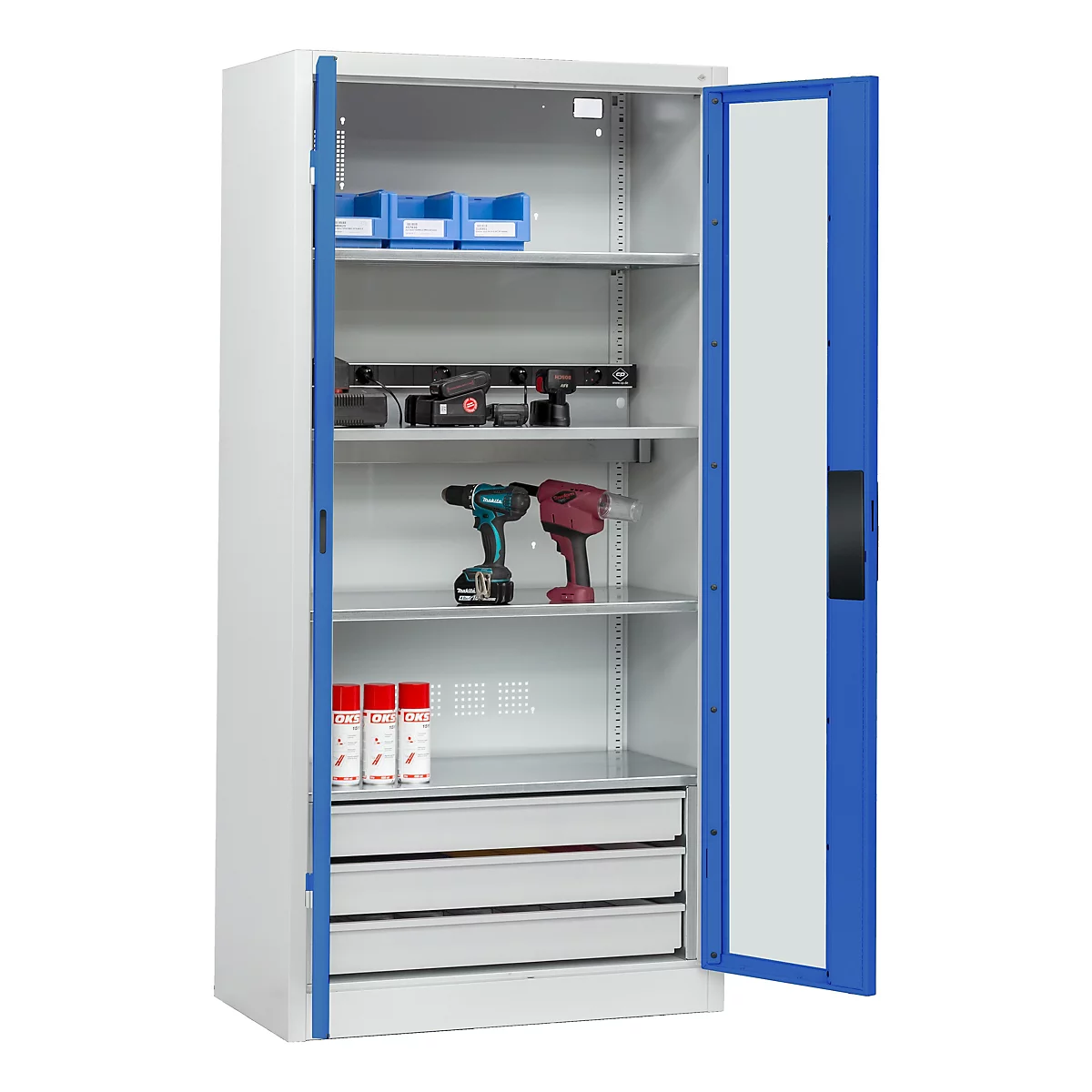 C+P Akkuladeschrank Acurado, abschließbar, mit Inneneinrichtung, B 930 x T 500 x H 1950 mm, Stahl, enzianblau RAL 5010/lichtgrau RAL 7035